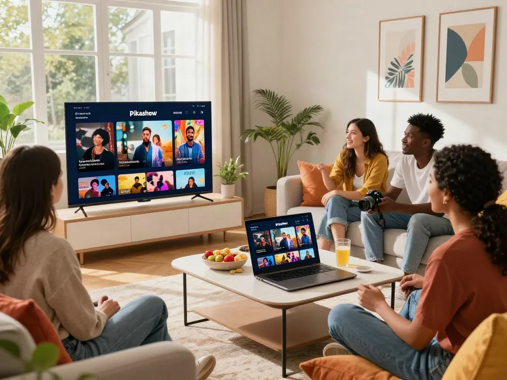Friends enjoying Pikashow pro app in a lively living room setting