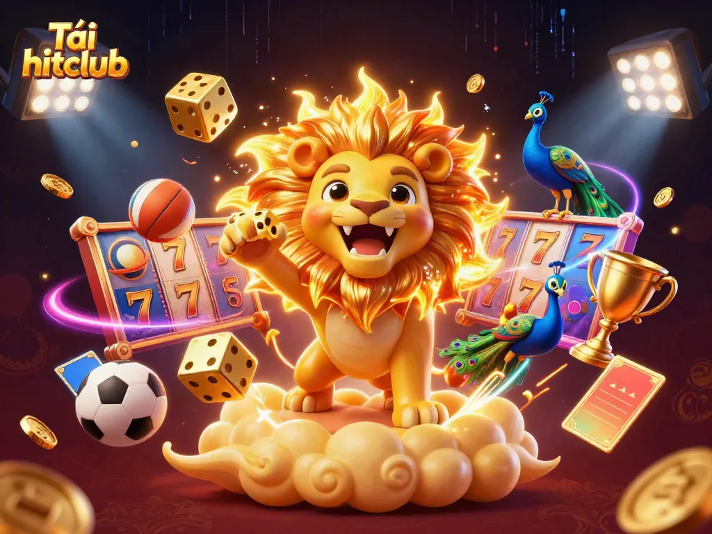 Tải hitclub and enjoy thrilling casino action with a roaring lion surrounded by vibrant gambling elements.