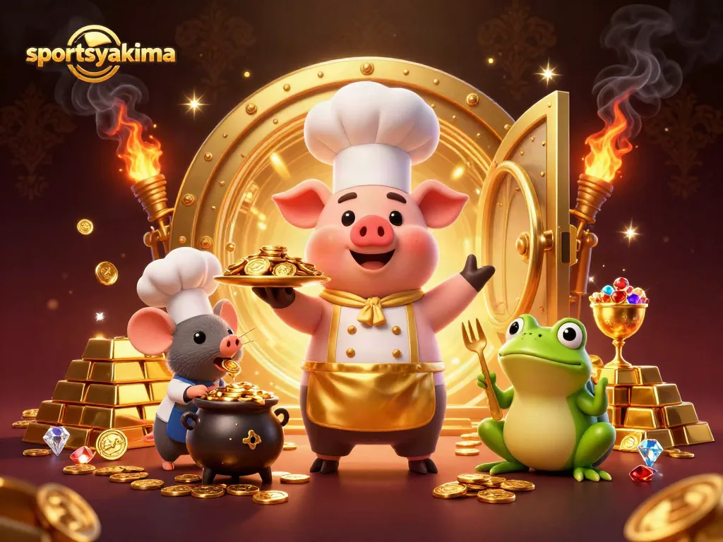 Engage with sportsyakima as a chef pig serves gold coins amid vibrant casino elements.